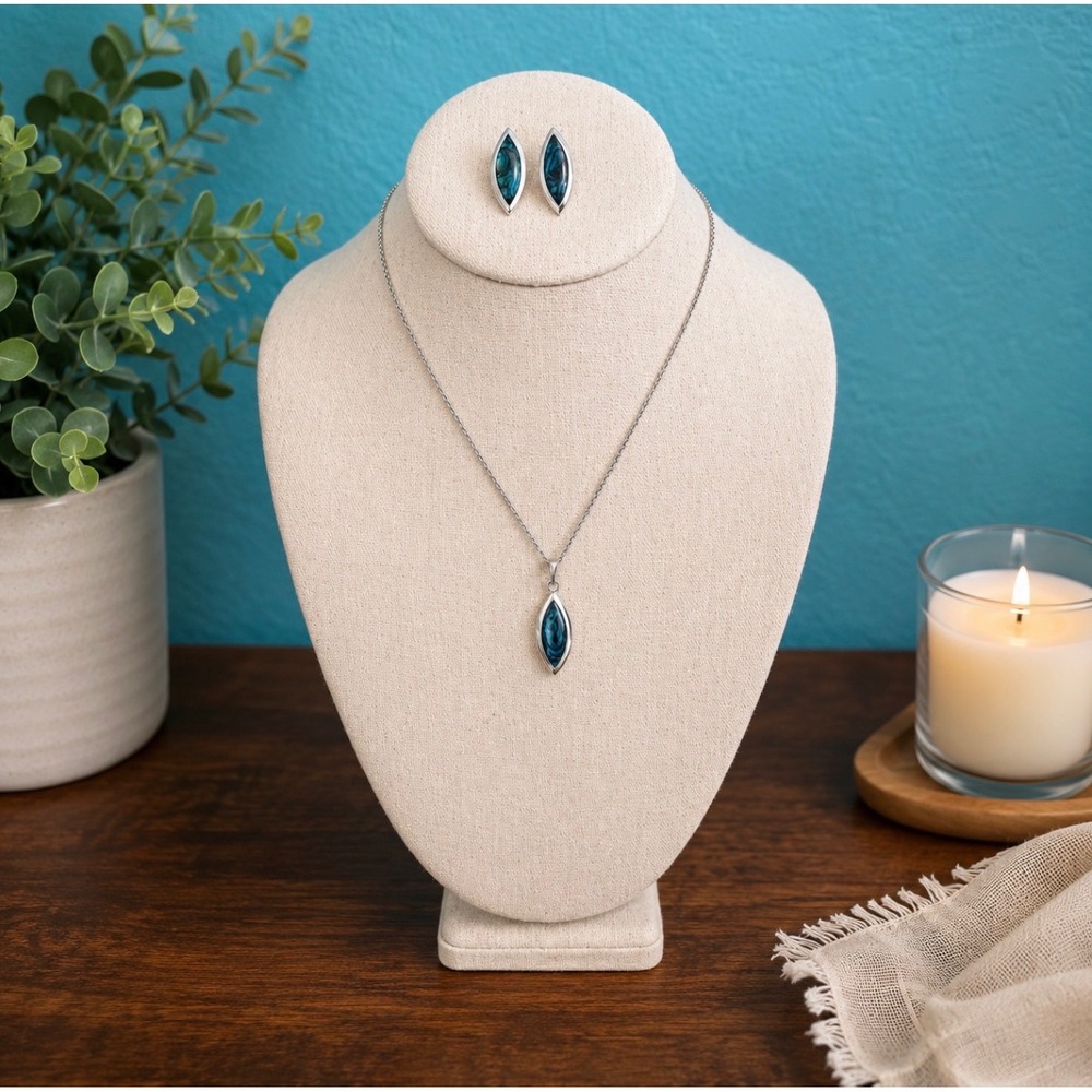 Abalone Shell Necklace & Earrings Set Nickel Silver‎ Blue Green Excellent
